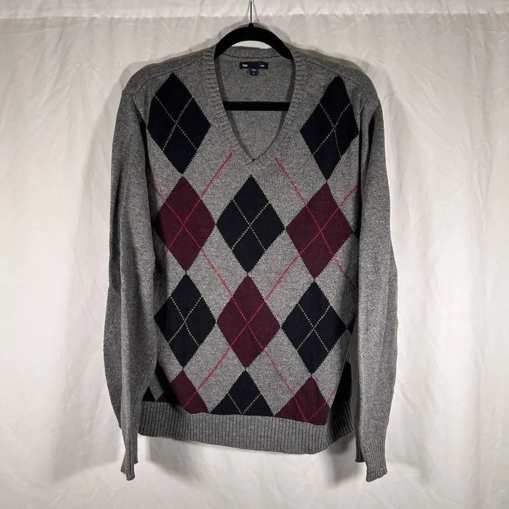 Gap Sweater Men's Medium Grey Blue Diamond Knit V-neck Long Sleeve